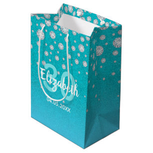 30th birthday teal blue green glitter name diamond medium gift bag