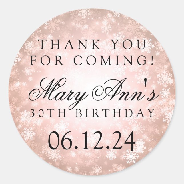 30th Birthday Thank You Copper Winter Wonderland Classic Round Sticker (Front)