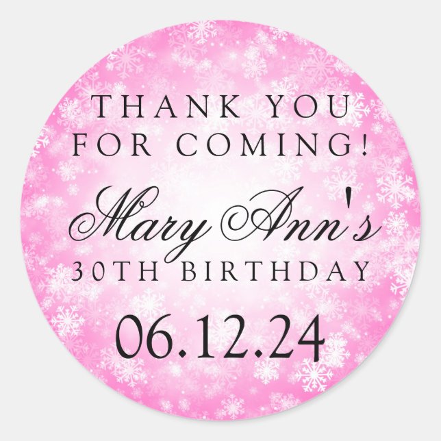 30th Birthday Thank You Pink Winter Wonderland Classic Round Sticker (Front)