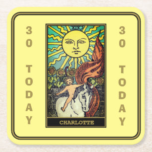 30th Birthday   The Sun Tarot Card Name Yellow Square Paper Coaster