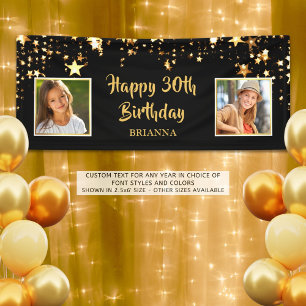 30th Birthday Then & Now Photos Black Gold Stars Banner