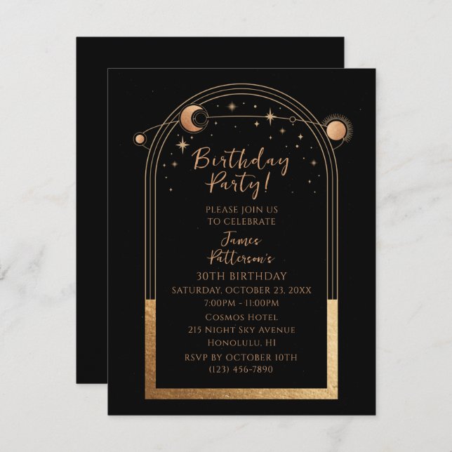 30th Birthday Thirty Celestial Black Gold Invitation (Front/Back)