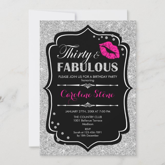 30th Birthday - Thirty Fabulous Black Pink Silver Invitation (Front)