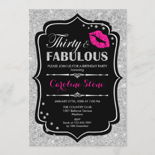 30th Birthday - Thirty Fabulous Black Pink Silver Invitation