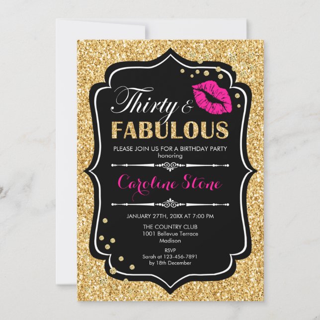 30th Birthday - Thirty Fabulous Gold Black Pink Invitation (Front)
