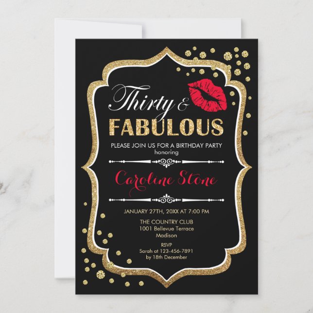 30th Birthday - Thirty Fabulous Gold Black Red Invitation (Front)