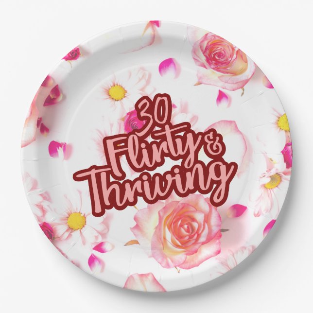 30th Birthday Thirty Flirty and Thriving Fun Pink Paper Plate (Front)