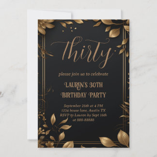 30th Birthday Thirty Modern Simple Black and Gold Invitation