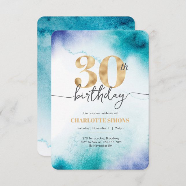 30th birthday Turquoise watercolor invitation (Front/Back)