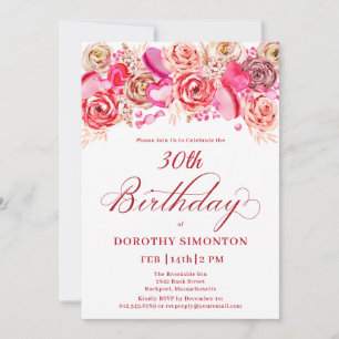 30th Birthday Valentine Pink Rose Swirly Heart Invitation
