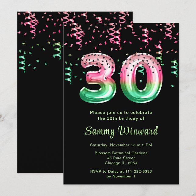 30th Birthday Watermelon Balloons with Confetti Invitation (Front/Back)