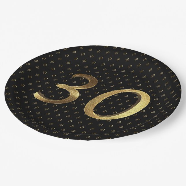 30th Birthday Wedding Anniversary Black and Gold Paper Plate (Angled)