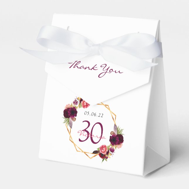 30th birthday white burgundy flowers geometric favour box (Front Side)