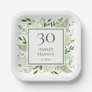 30th Birthday White Hydrangeas Paper Plate