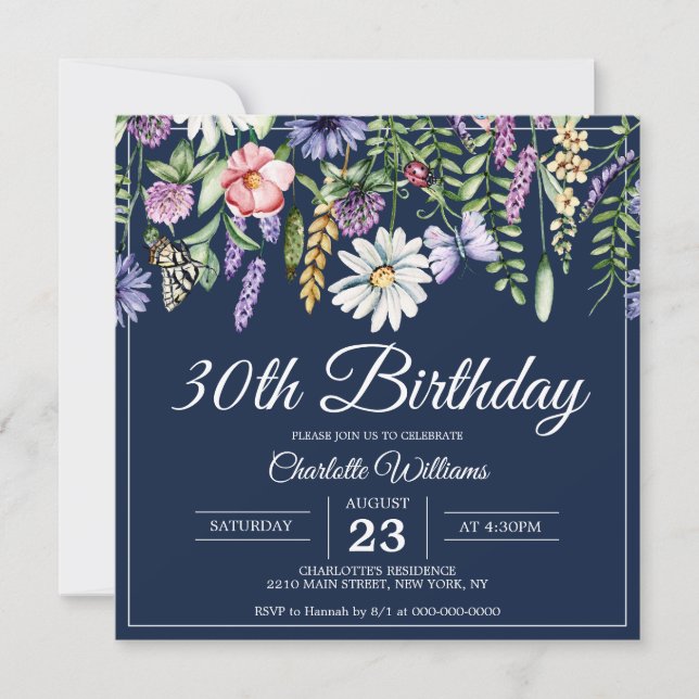 30th Birthday Wildflowers Navy Blue Woman Elegant Invitation (Front)