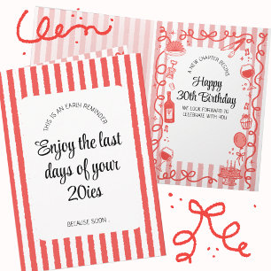 30th birthday wine and dine hand drawn card