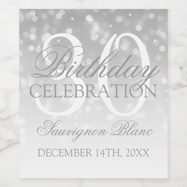 30th Birthday Wine Silver Bokeh Sparkle Lights Wine Label (Single Label)