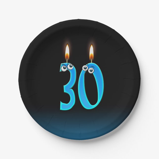 30th Birthday with lit candle numbers Paper Plate (Front)