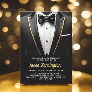 30th Black and Gold Tuxedo Birthday Event Invitation