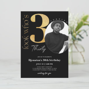 30th Black Gold Birthday Invitation with Photo