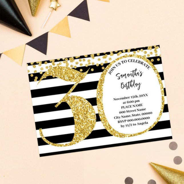 30th Black White and Gold Glitter Modern Birthday Invitation (Creator Uploaded)