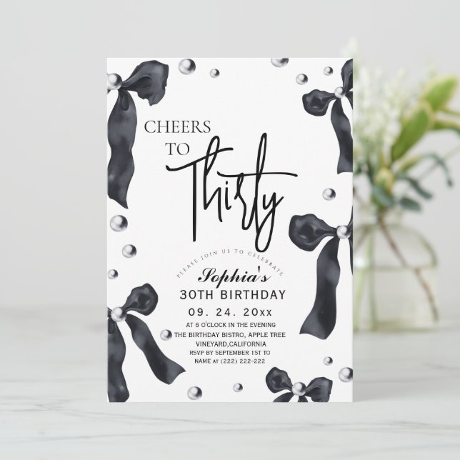 30th Black White Bow Birthday Party Invitation (Standing Front)