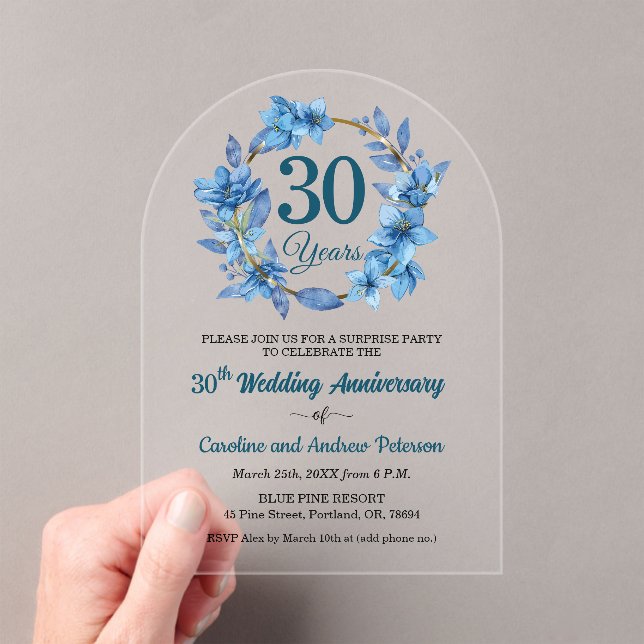 30th Blue Floral Surprise Wedding Anniversary  Acrylic Invitations (Insitu (Handheld))