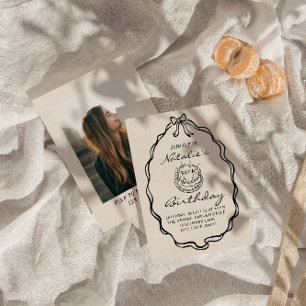 30th Bow Hand Drawn Coquette Photo Birthday Party Invitation
