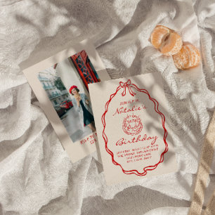 30th Bow Hand Drawn Coquette Photo Birthday Party Invitation