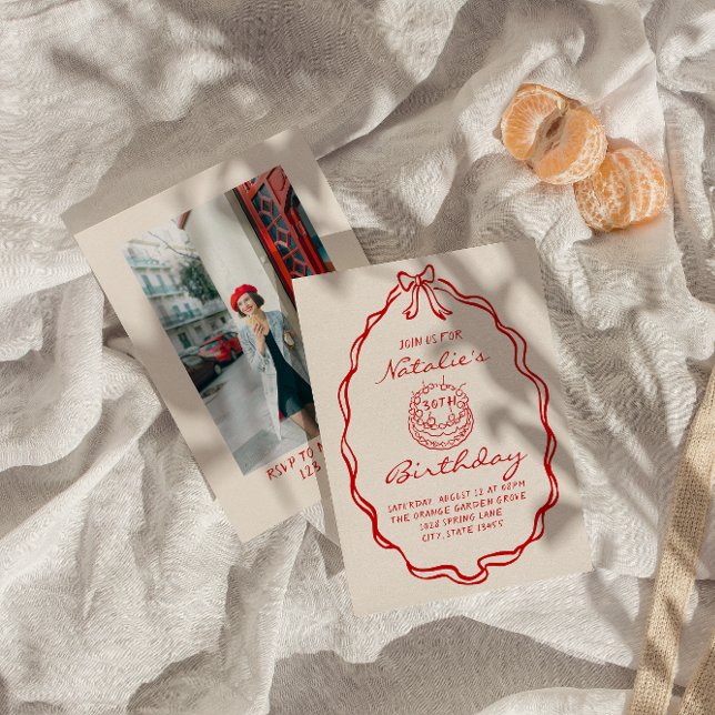 30th Bow Hand Drawn Coquette Photo Birthday Party Invitation (Creator Uploaded)