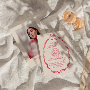 30th Bow Hand Drawn Pink Coquette Photo Birthday Invitation