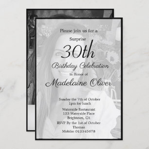 30th Classy Monogram Black White Photo Birthday  Invitation