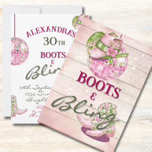 30th Cowgirl Disco  Boots Bling Pink Green   Invitation