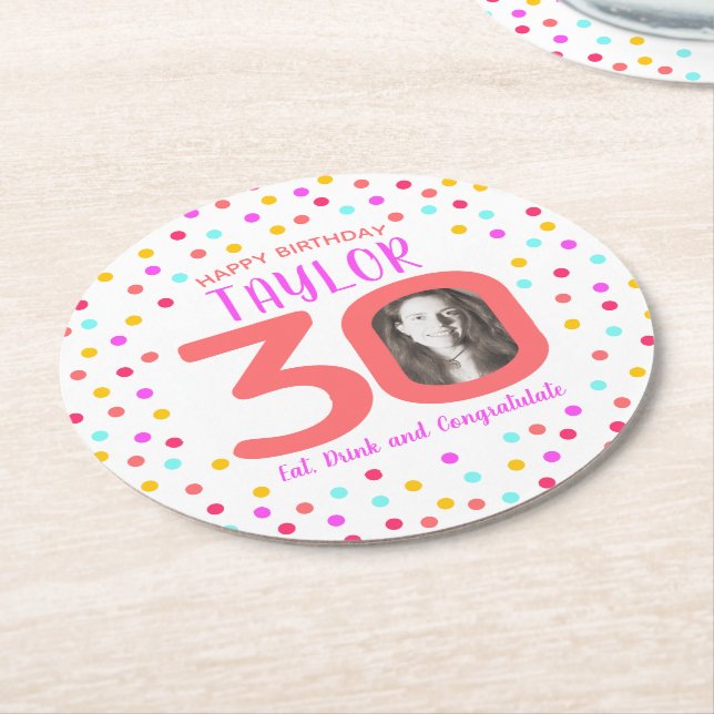 30th custom photo colourful coral confetti birthda round paper coaster (Angled)