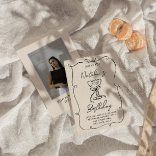 30th Doddle Black White Bow Martini Photo Birthday Invitation