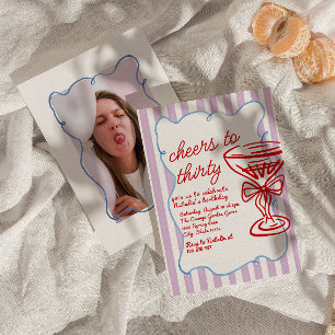 30th Drawn Colorful Champagne Glass Photo Birthday Invitation