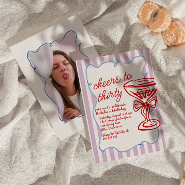 30th Drawn Colourful Champagne Glass Photo Birthda Invitation (Creator Uploaded)