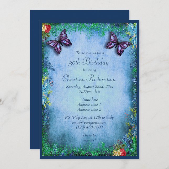 30th Faux Glitter, Butterfly & Roses Birthday Invitation (Front/Back)