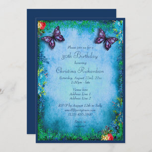 30th Faux Glitter, Butterfly & Roses Birthday Invitation