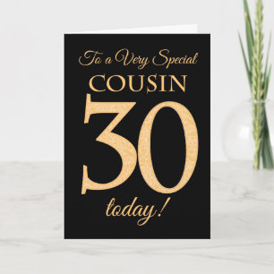 30th Gold-effect on Black for Cousin Birthday Card