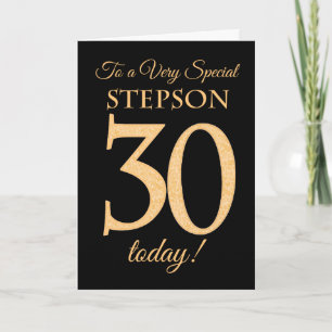 30th Gold-effect on Black for Stepson Birthday Card