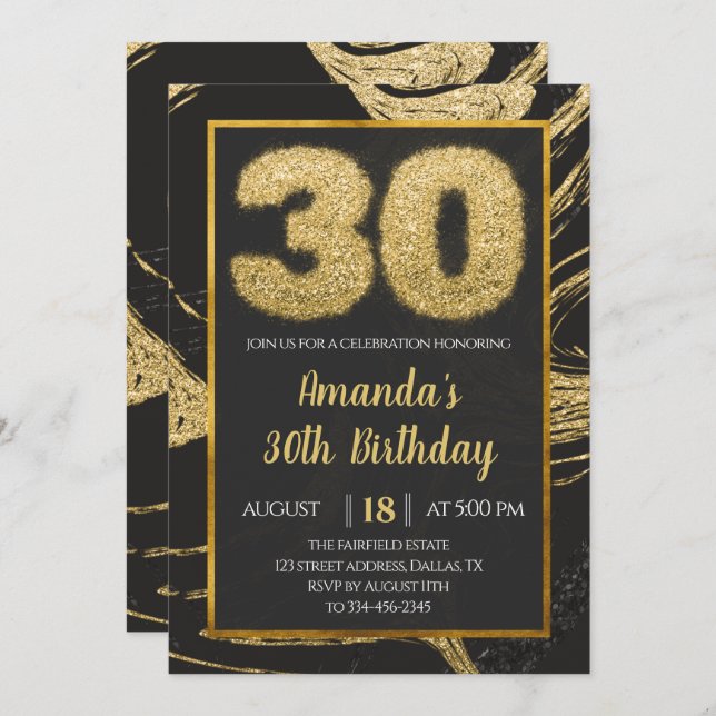 30th Golden Black Marble Birthday Invitation (Front/Back)
