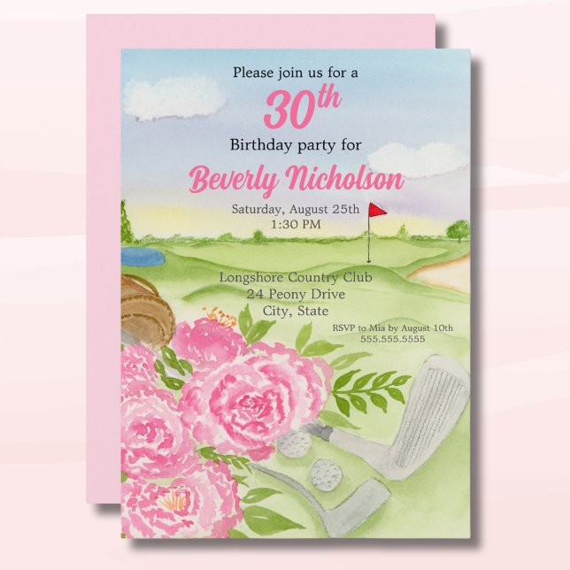 30th Golf Birthday Party Peonies On Golf Course Invitation (Creator Uploaded)