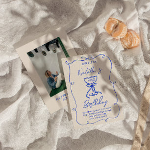 30th Hand Drawn Blue Bow Martini Photo Birthday Invitation