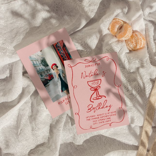 30th Hand Drawn Red Bow Champagne Photo Birthday Invitation (Creator Uploaded)