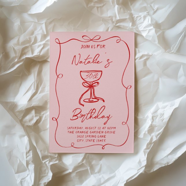 30th Hand Drawn Red Bow Martini Thirty Birthday  Invitation (Creator Uploaded)