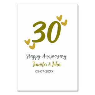30th happy anniversary golden grey wedding couple table number