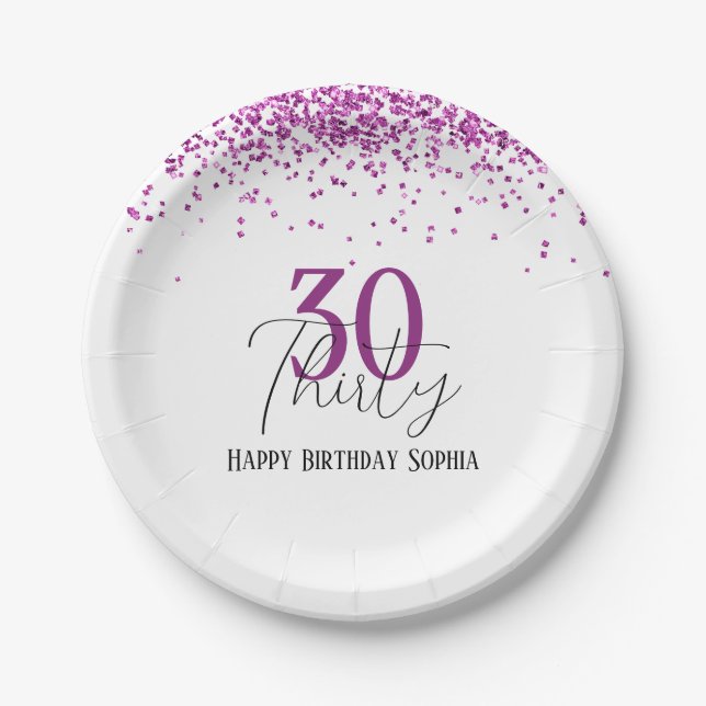 30th Happy Birthday Dark Pink Glitter Girly Party Paper Plate (Front)
