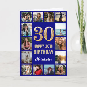 30th Happy Birthday Navy Blue & Gold Photo Collage Card