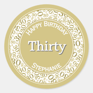 30th Happy Birthday Number Pattern Gold/White Classic Round Sticker